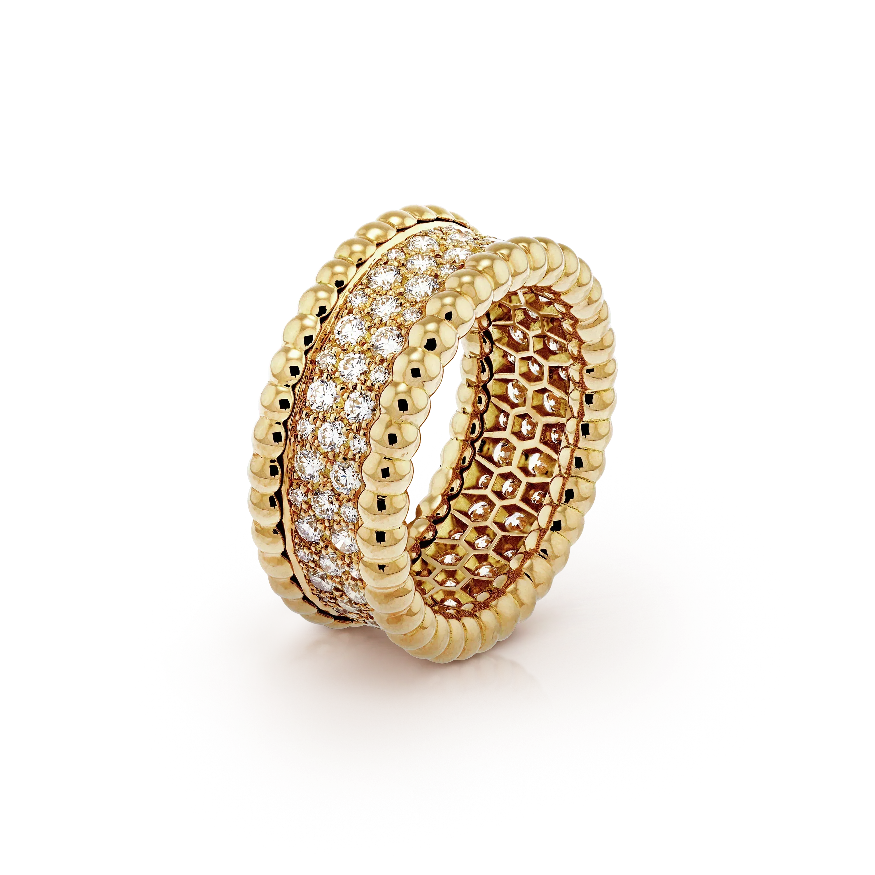 18K Yellow Gold Perlée Diamonds 3 Row Ring