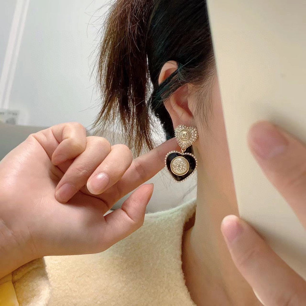 18K CC Black Heart Earrings