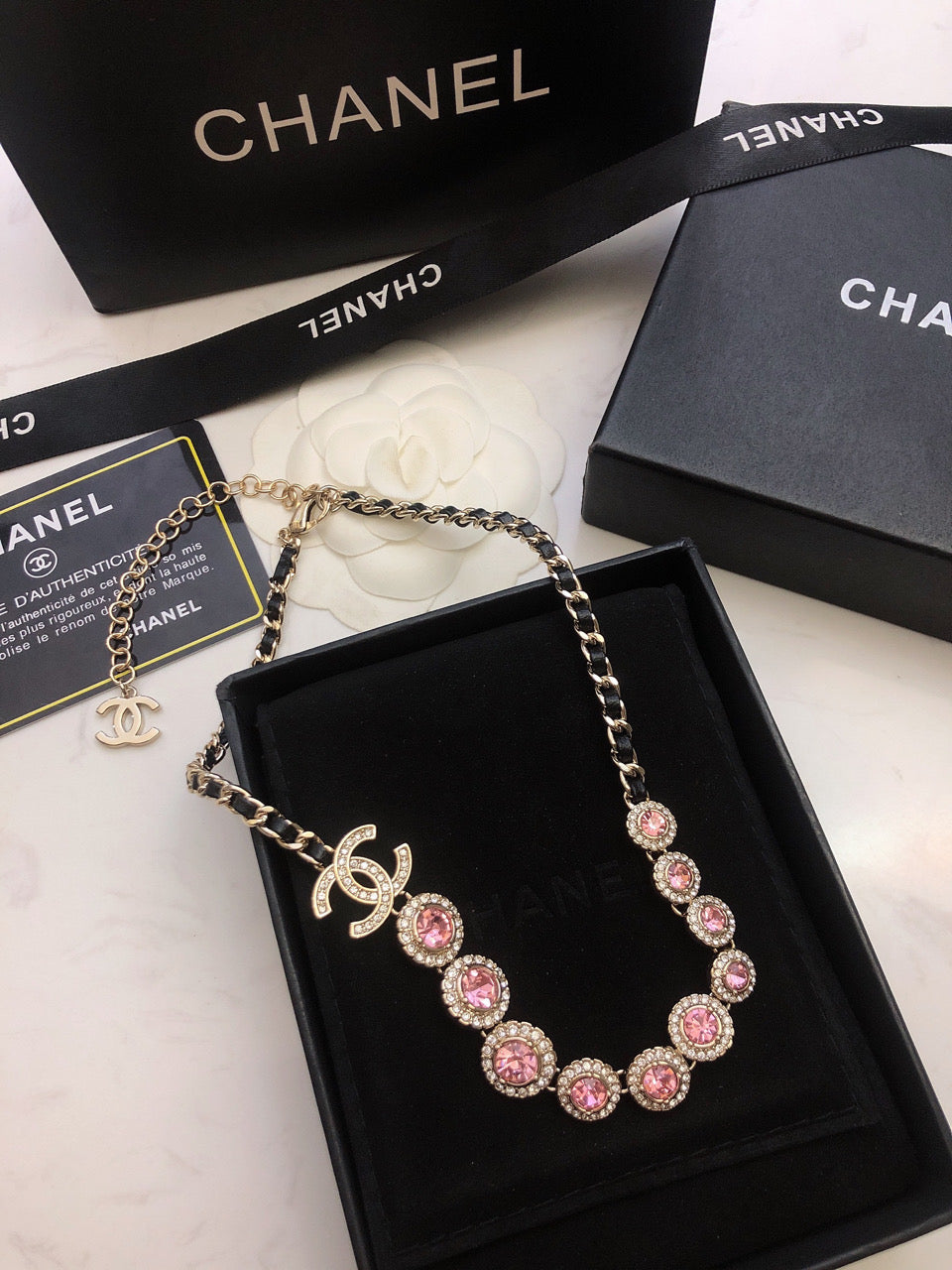 18K CC Pink Crystals Leather Necklace