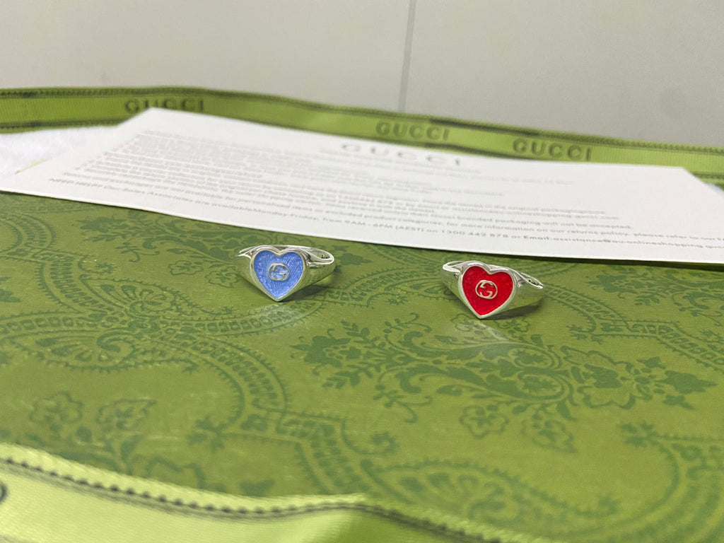 Double G Interlocking G Red Enamel Heart Ring